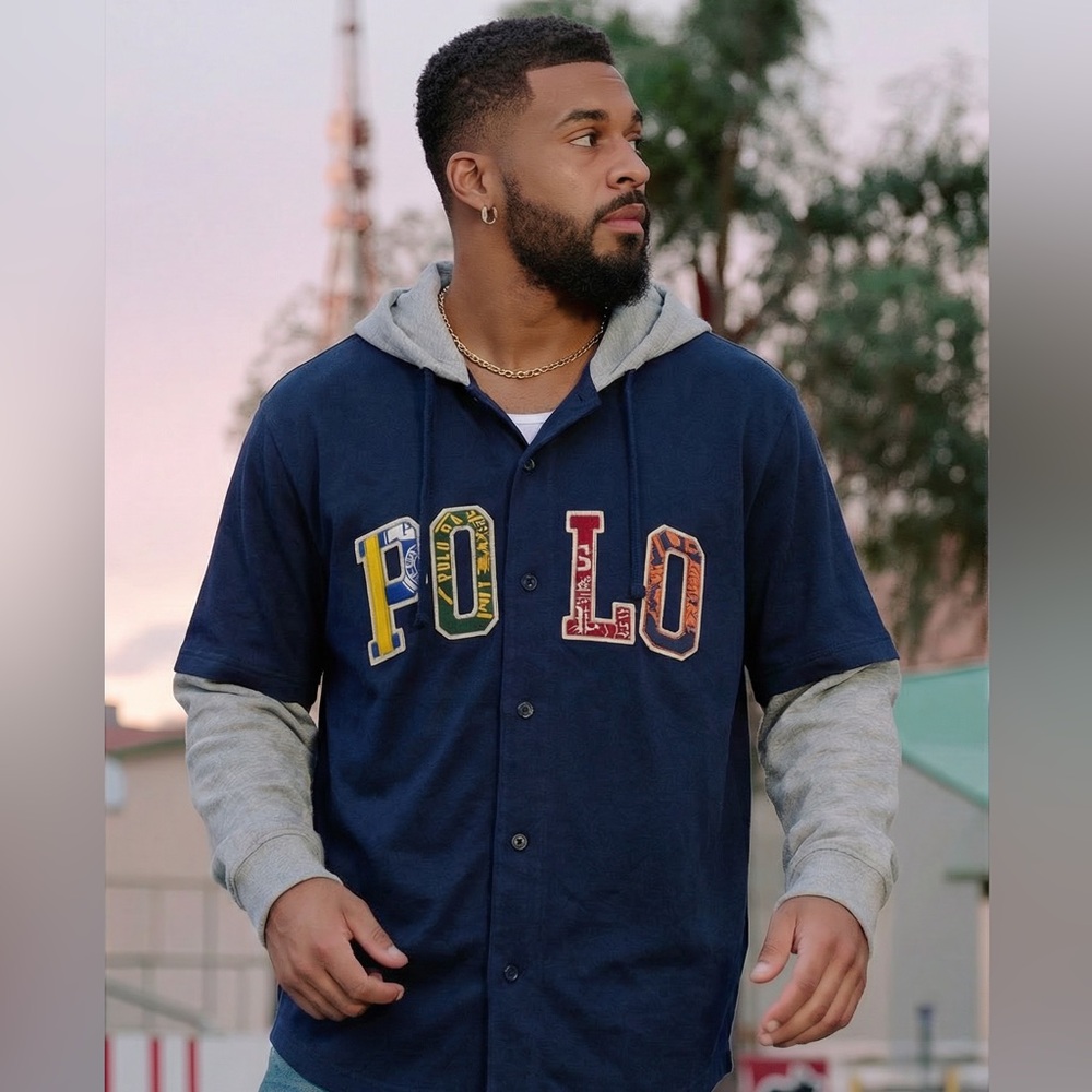 Ralph Lauren Polo Sweatshirt Mens 2XB Blue Hooded Baseball Jersey Shirt Spellout